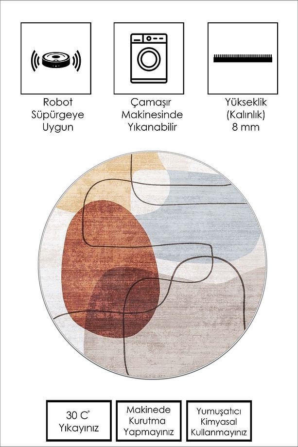 Dijital Baskı Yıkanabilir Kaymaz Taban Leke Tutmaz Yuvarlak Mutfak Halısı Ve Salon Halısı - 3
