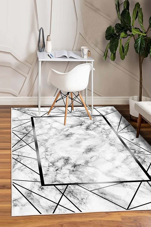 Dijital Baskı Yıkanabilir Kaymaz Taban Siyah Salon Halısı Mutfak Halısı Yolluk - 1