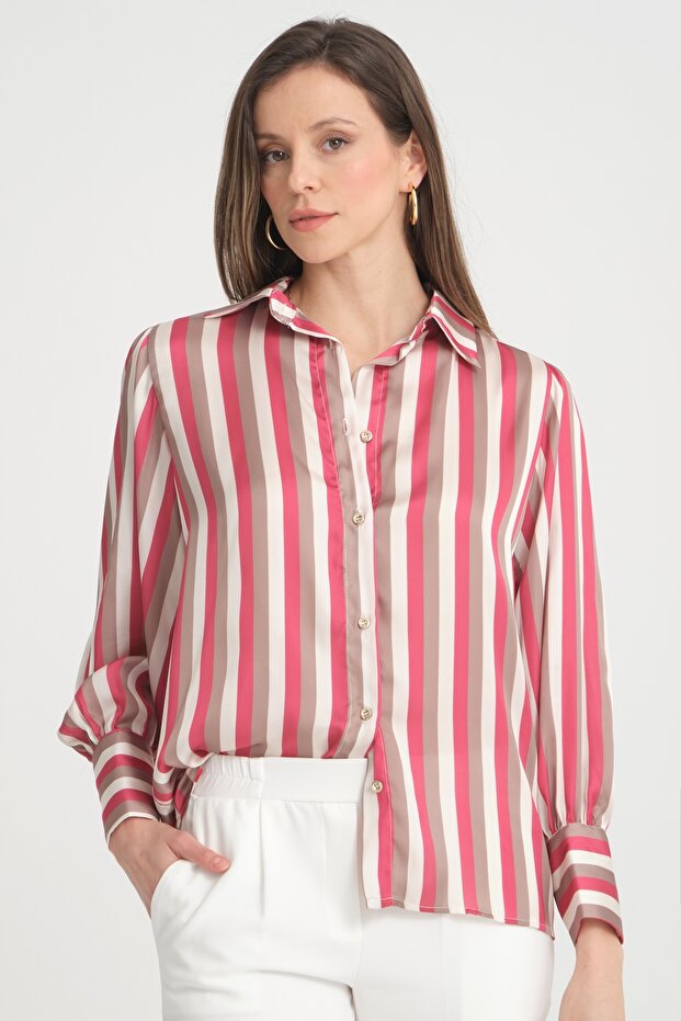 Women's Balloon Sleeve Gather Detailed Oversize Striped Satin Shirt