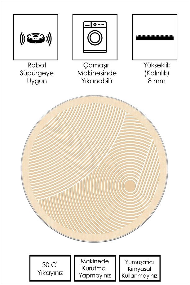 Makinede yıkanabilir kaymaz taban leke tutmaz bej yuvarlak mutfak halısı ve balkon halısı - 3