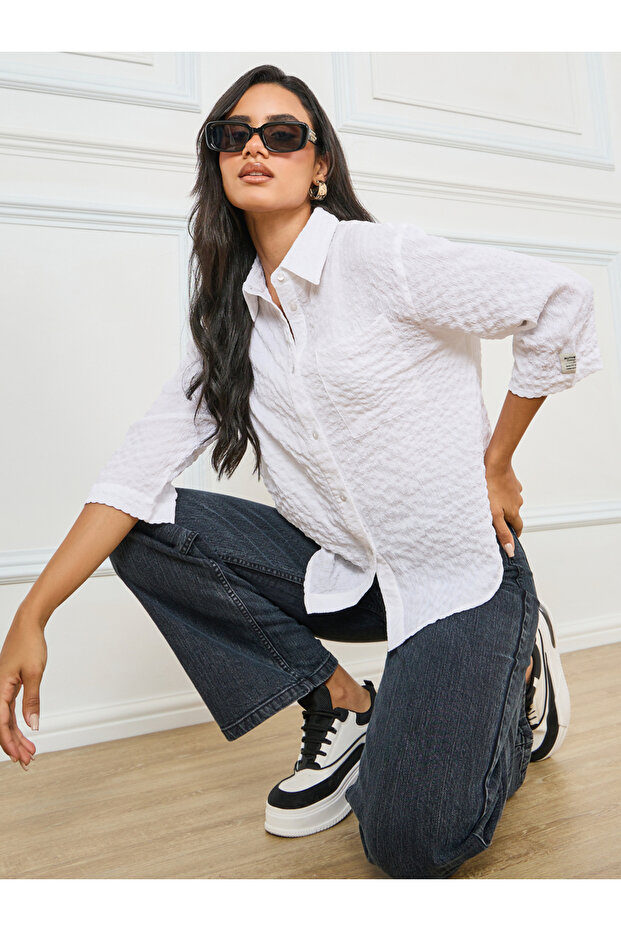 Oversized Textured Curved Hem Shirt with Patch Detail