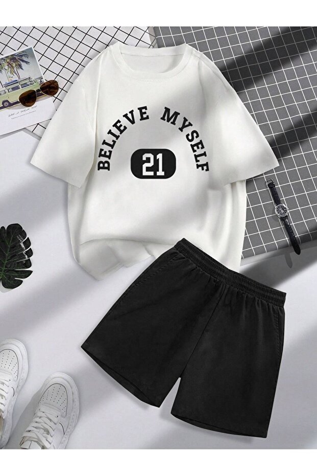 Women's White Believe My Self Printed Oversized Shorts and t-shirt Top and Bottom Set