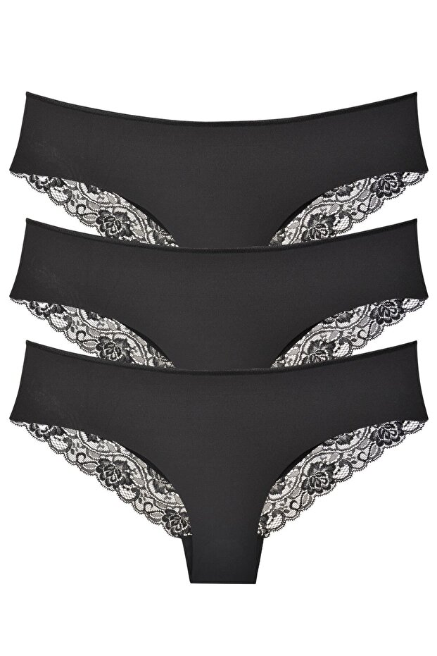 Women's Laser Cut Lace Panties 3 Pack Set Black - Kts2112