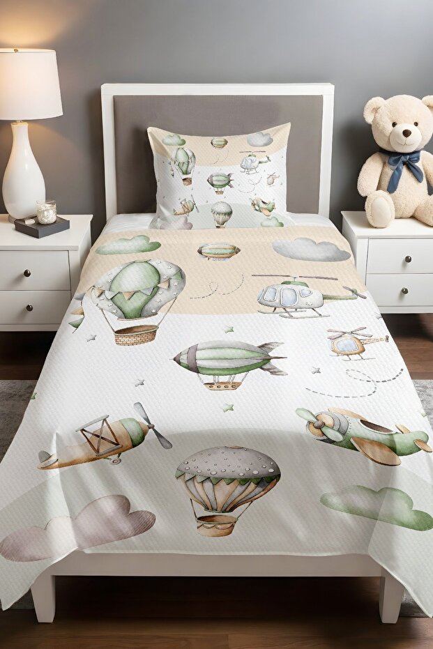 Cream Green Airplanes Patterned Pique Set (160x230cm)