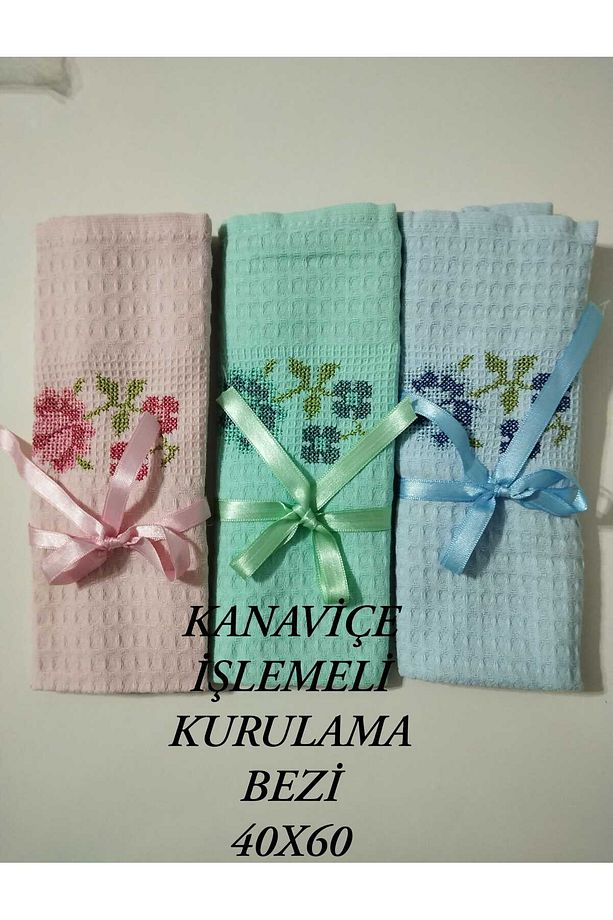 KANAVİÇE İŞLEMELİ 40X60 3 LÜ KURULAMA BEZİ . MUTFAK HAVLUSU . MUTFAK PEÇETESİ. - 1