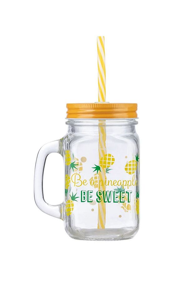 Ananas Baskılı Sarı Kapaklı Pipetli Cam Bardak - 3