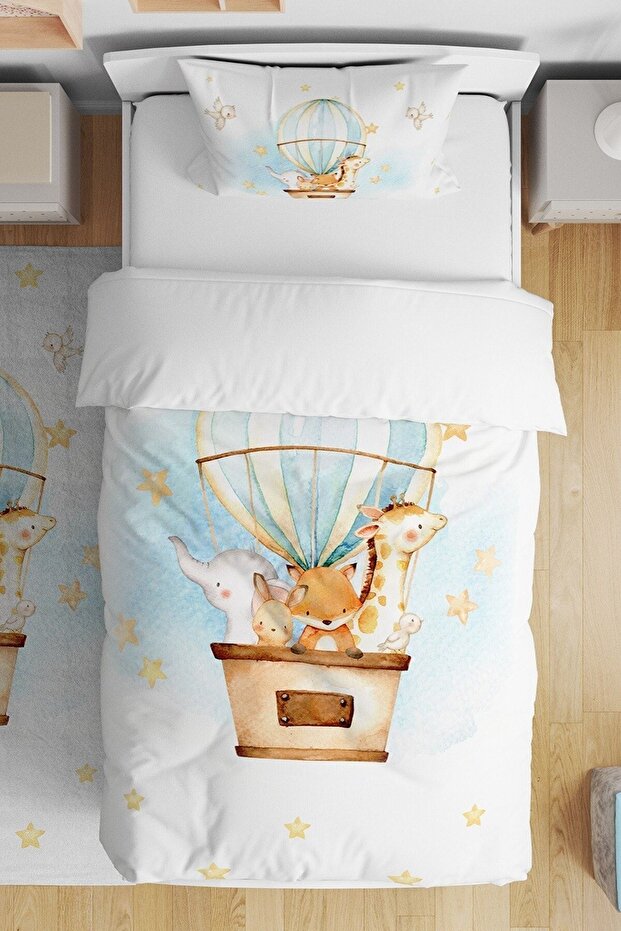 Flying Balloon Safari Patterned Single Baby Kids Bedding Set