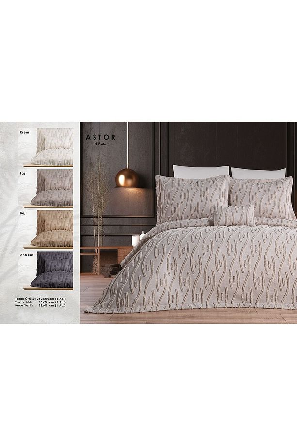 Astor Püskül Desen Şönil Kabartma Sade Ve Modern Lüks Antrasit Gri Yatak Örtüsü Takımı 4pc - 7