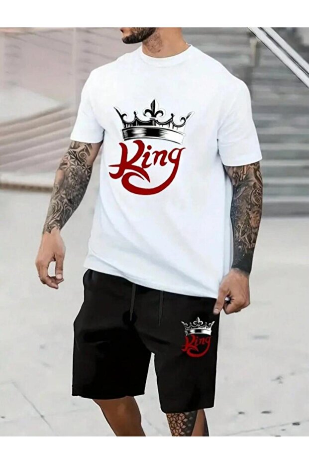King Printed White T-shirt and Black Shorts - Summer Unisex Set