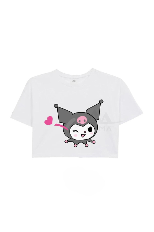 Kids' Black and White Kuromi Printed %100 Cotton Cropped t-shirt