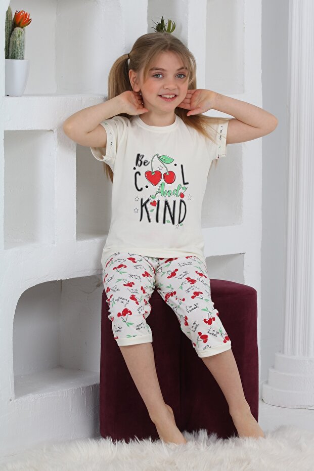 Girl's Short Sleeve Capri Crew Neck Cherry Printed Ecru Color Pajama Set