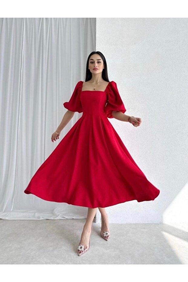 Red Square Neck Pleated Midi Length Dress