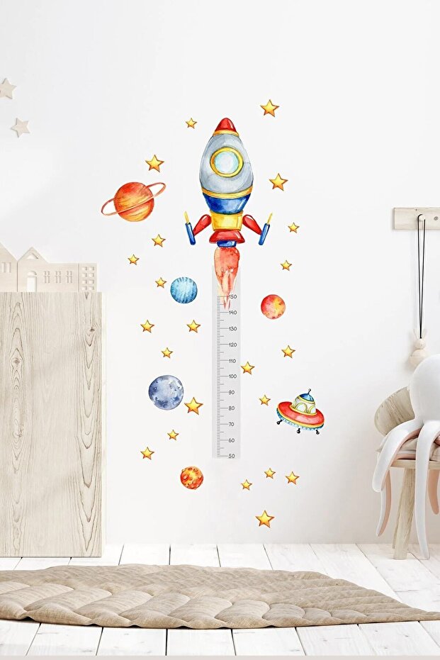 Space Rocket Themed Height Meter 80 Pieces Kids Room Pastel Color Wall Sticker Set