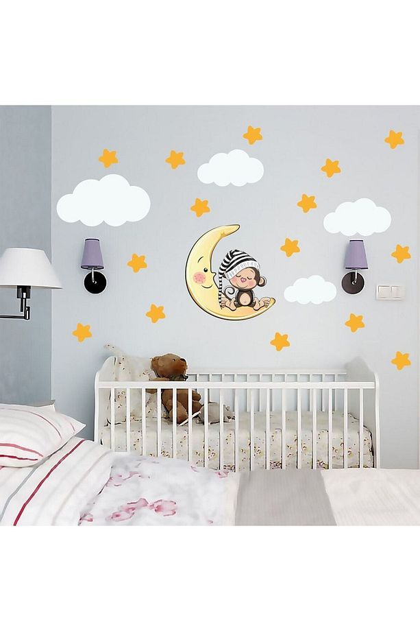 Uyuyan Maymun, Yıldız, Bulut Set Bebek Çocuk Odası Duvar Sticker - 1