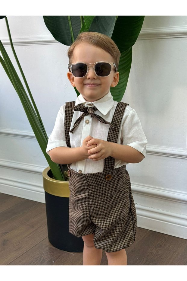 White Short Sleeve Shirt and Brown Houndstooth Salopet Festive and Special Casual Boys Girls Gift