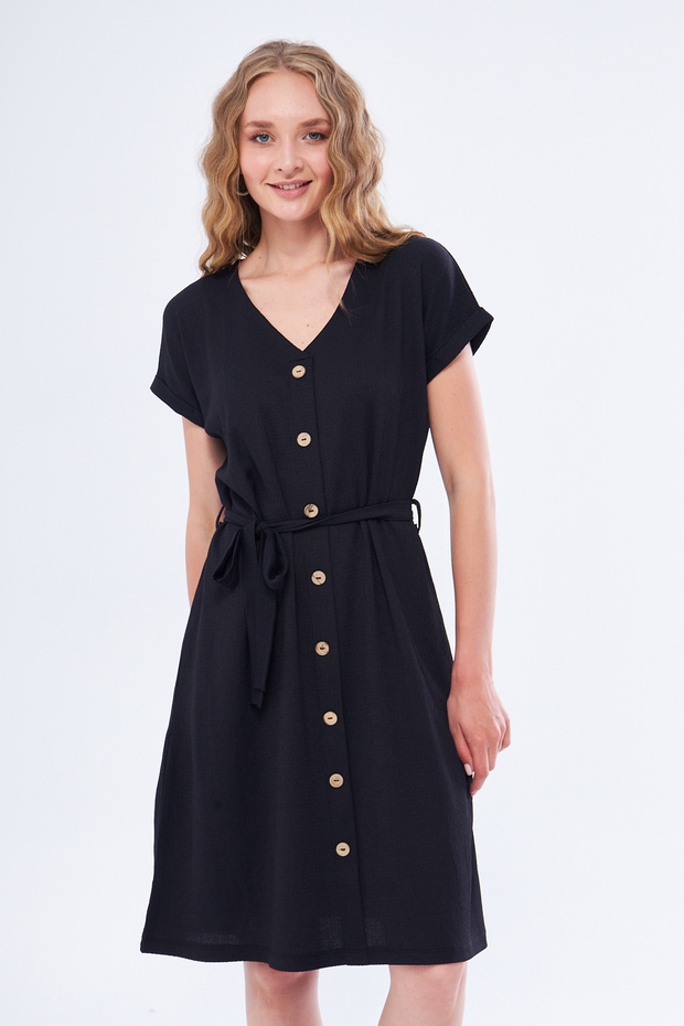 Dress with Buttons Black Color Short Sleeve