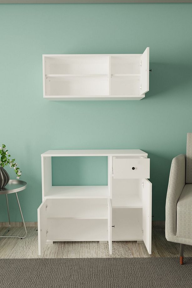 90 cm Kahve Köşesi Çok Amaçlı Dolap Mikrodalga ve Set altı Mutfak Dolabı - Beyaz - 6
