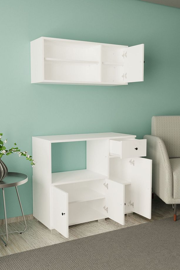 90 cm Kahve Köşesi Çok Amaçlı Dolap Mikrodalga ve Set altı Mutfak Dolabı - Beyaz - 5
