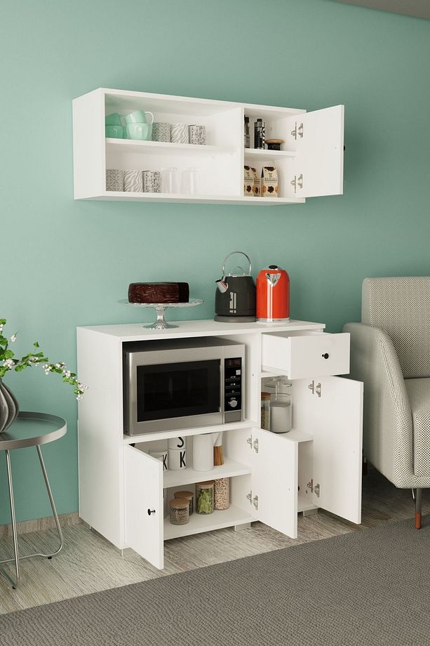 90 cm Kahve Köşesi Çok Amaçlı Dolap Mikrodalga ve Set altı Mutfak Dolabı - Beyaz - 3