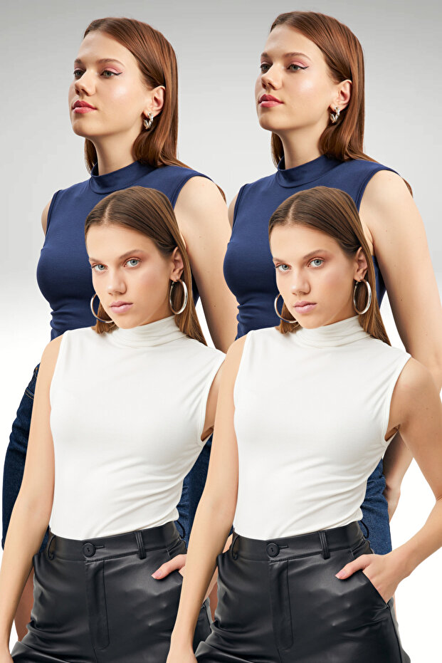 Women's 2 White 2 Navy Blue 4-Piece Sleeveless Body