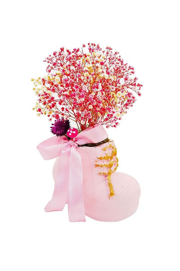 Şoklanmış Pembe Cipso Beton Patik Saksı Tasarımı & Hoşgeldin Kız Bebek & 15-20 Cm & Kuru Çiçek - 2