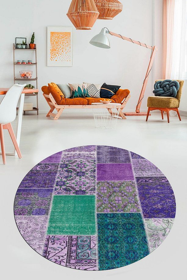 Baskılı Kaymaz Yıkanabilir Patchwork Desen Yuvarlak Mutfak Salon Halısı, Y-PATCHWORK-01-MOR, - 5