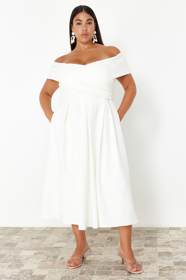 Beyaz Madonna Yaka Dokuma Büyük Beden Abiye/Bridal/Nikah/Nişan/Gece Elbisesi TBBSS24AH00117