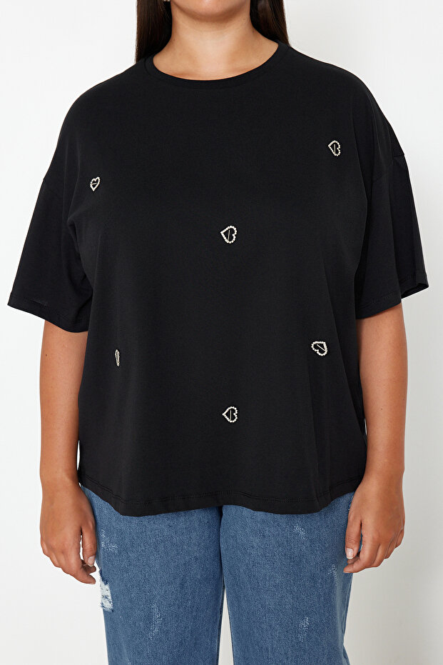 Siyah Kalp Aksesuar Detaylı Oversize/Bol Kesim %100 Pamuk Örme T-shirt TBBSS24BF00008 - 5