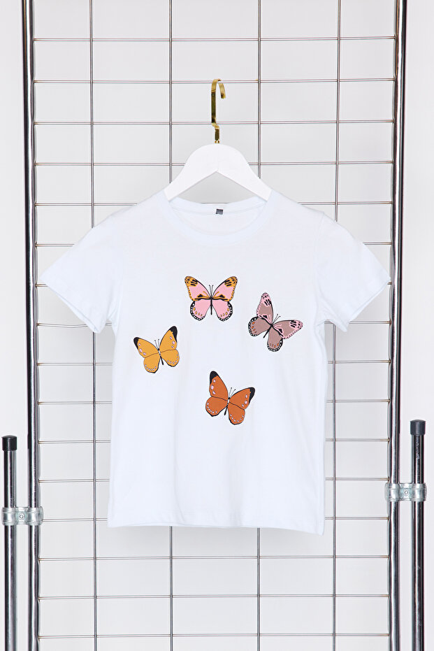 Beyaz Kız Çocuk %100 Pamuk Kelebek Desenli Regular/Normal Kalıp Kısa Kol Örme T-Shirt TKDSS24TS00041 - 6