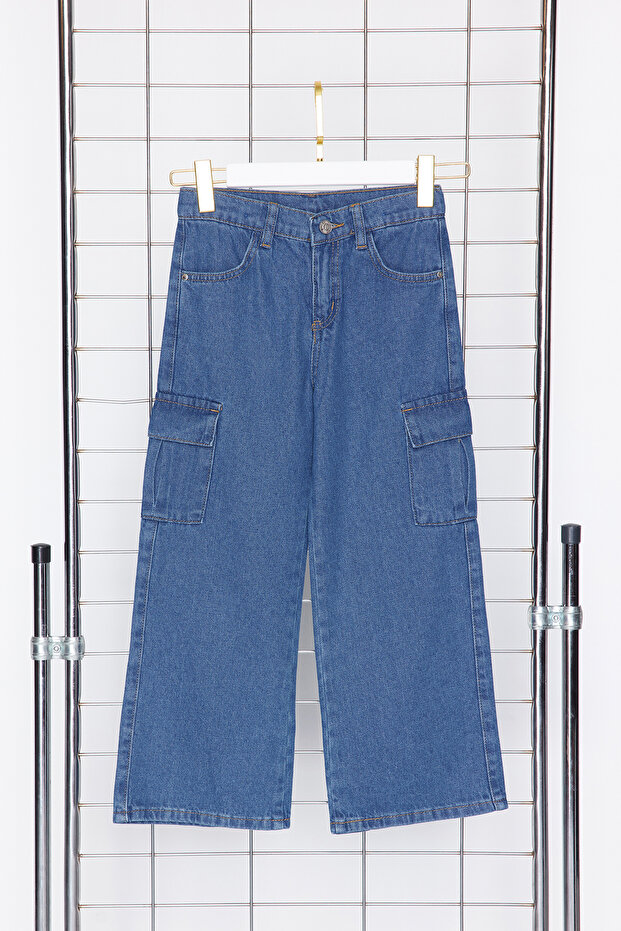 Koyu Mavi Kız Çocuk Wide Leg Kargo Cepli Pamuklu Lastikli Denim Pantolon Jean TKDSS24PL00001 - 5