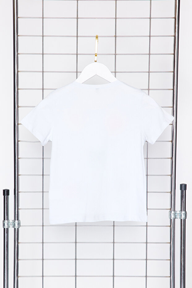 Beyaz Kız Çocuk %100 Pamuk Kalp Nakışlı Regular/Normal Kalıp Kısa Kol Örme T-Shirt TKDSS24TS00005 - 4