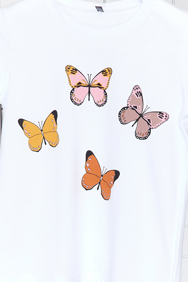 Beyaz Kız Çocuk %100 Pamuk Kelebek Desenli Regular/Normal Kalıp Kısa Kol Örme T-Shirt TKDSS24TS00041 - 7