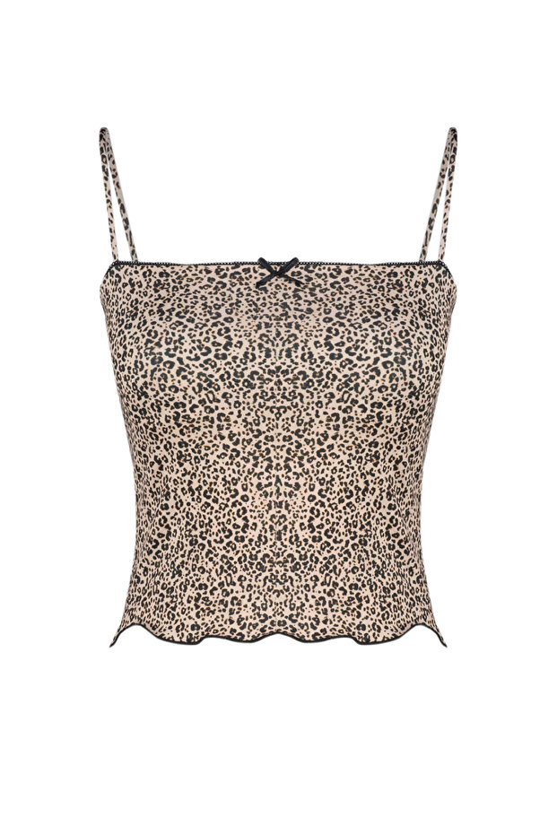 Kahverengi Leopar Baskılı Askılı Crop Süper Esnek Örme Bluz TWOSS24BZ00644 - 7
