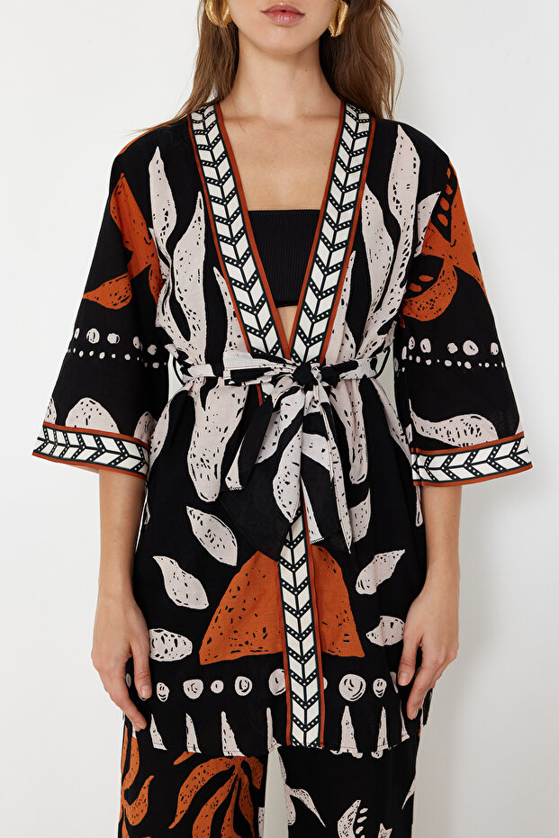 Etnik Desenli Dokuma %100 Pamuk Plaj Mini Kuşaklı Kimono&Kaftan TBESS23KM00035 - 4