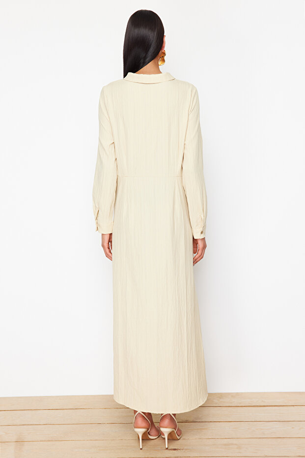 Béžové predné tkané šaty s uzlom a zipsom TCTSS23EB00137 - 6