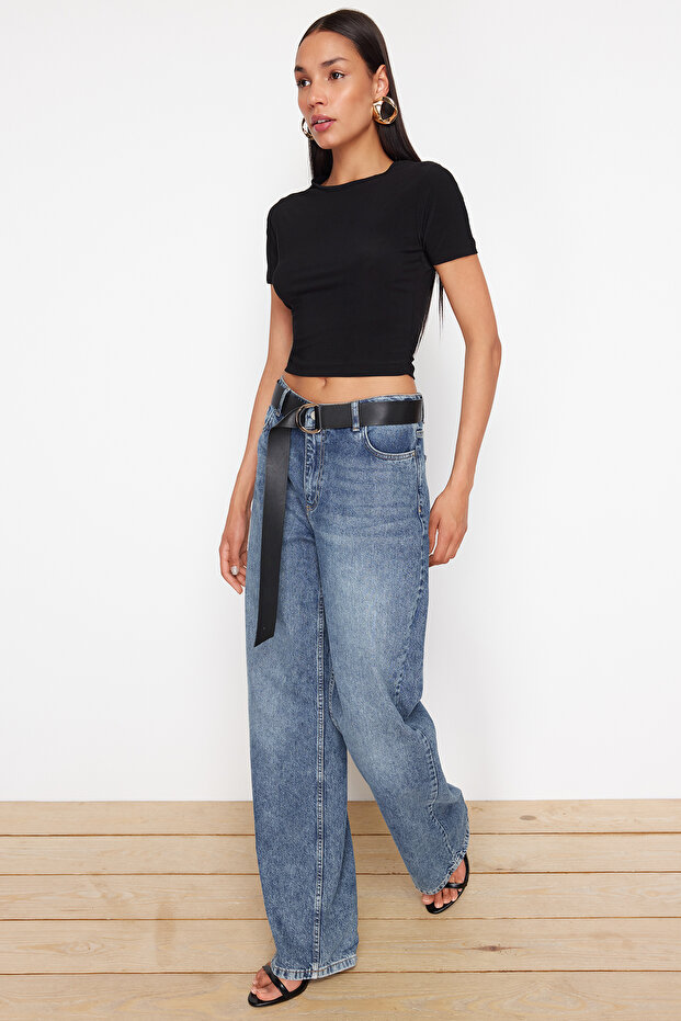 Siyah Fitted/Vücuda Oturan Crop Esnek Örme Bluz TWOSS24BZ00639 - 3