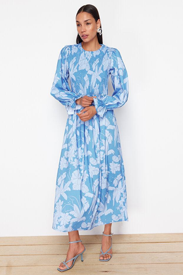 Size Elastic Blue Floral Printed Dress - TCTSS24EB00109