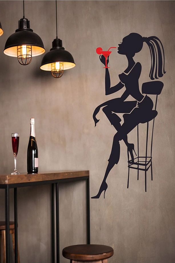 Bar Taburesi Ve Kadın Silüet Dekoratif Çok Amaçlı Duvar Sticker Duvar Süsü Duvar Dekoru - 3