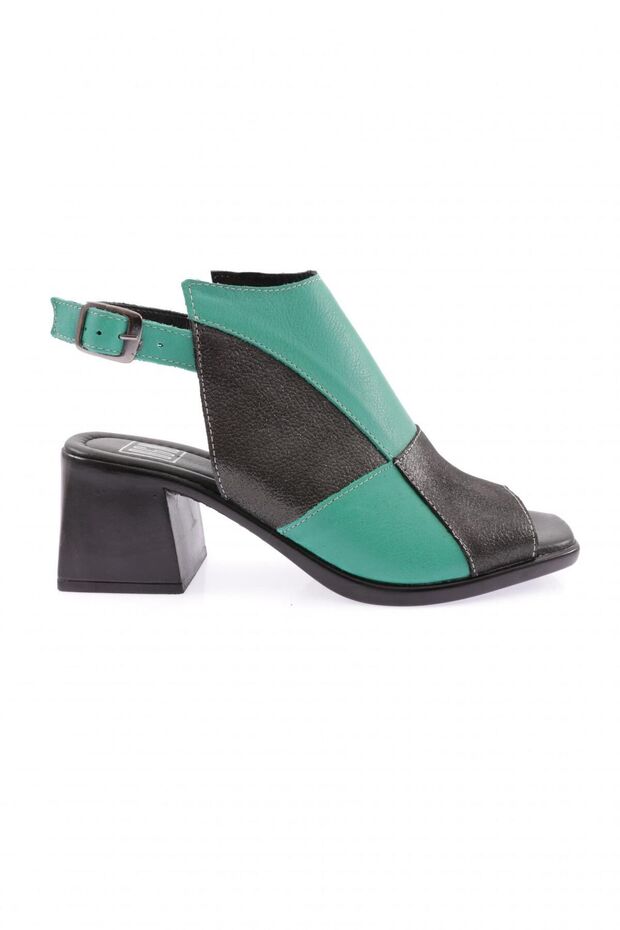 Thick Heeled Toe Low-Cut Sandals Grass Green Genuine Leather 2101143219