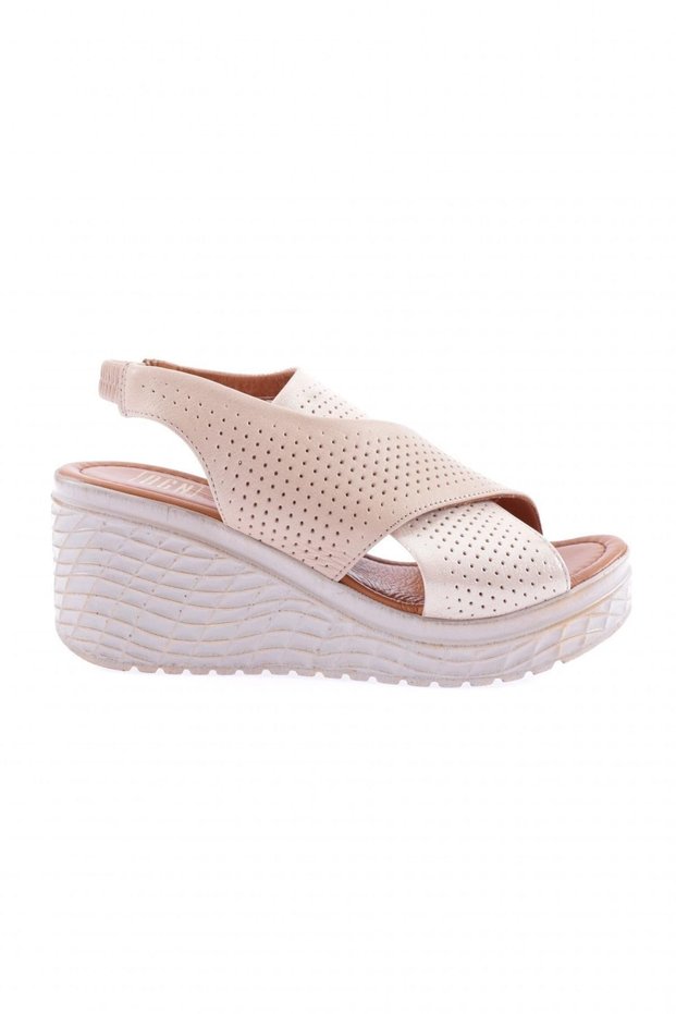 Beige Genuine Leather Women's Sandals with High Wedge Sole and Cross Laser - 291113219