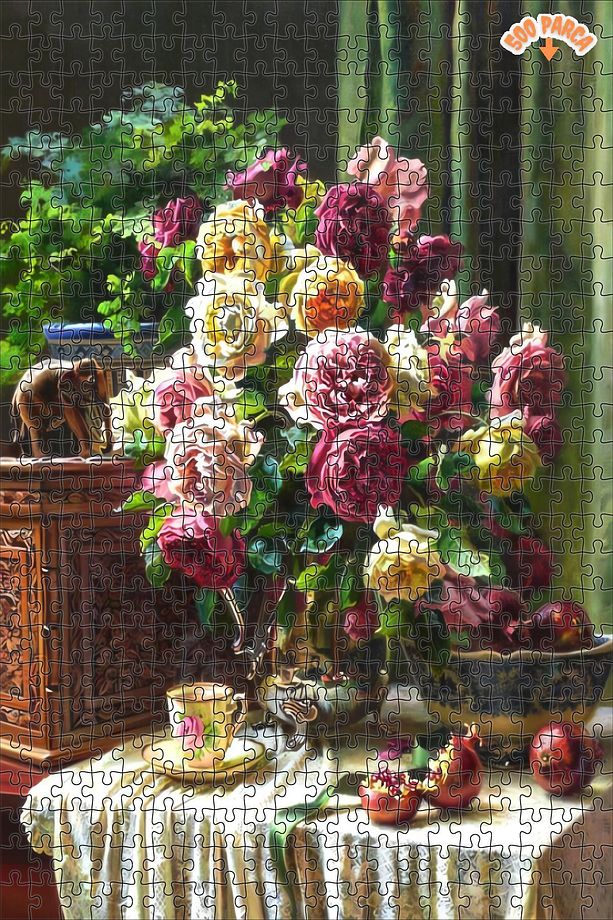 Çiçeklerle Çay Saati Dekoratif Çift Katlı Çerçeveli Asılabilir Ahşap Puzzle 1000 PARÇA 50X70 - 7