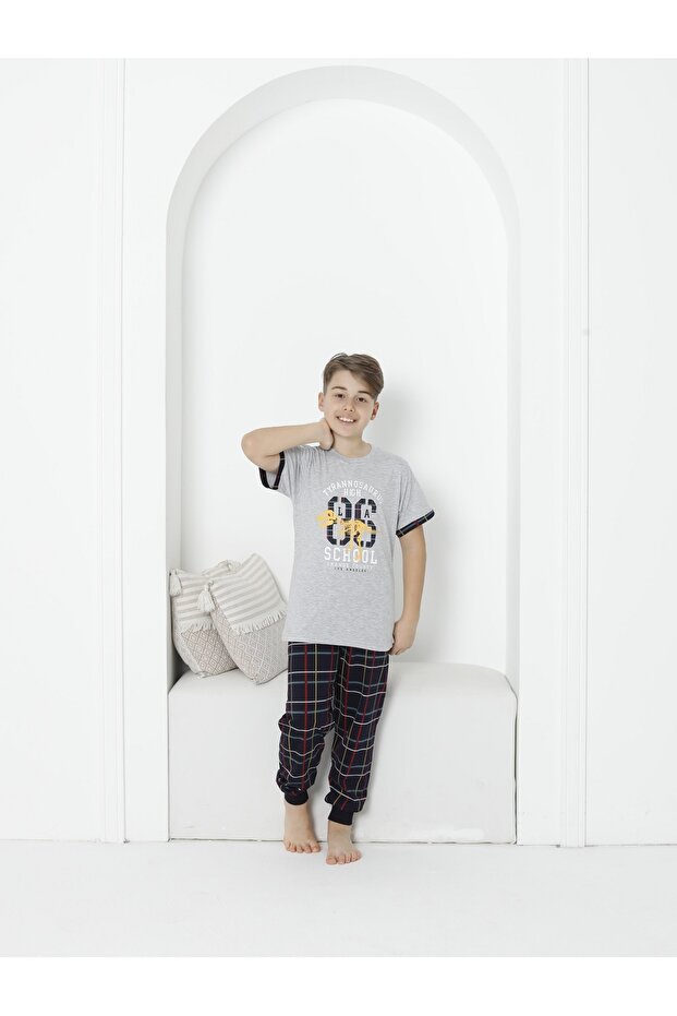 Boy's Short Sleeve Six Long Crew Neck Plaid Gray Melange Color Pajama Set