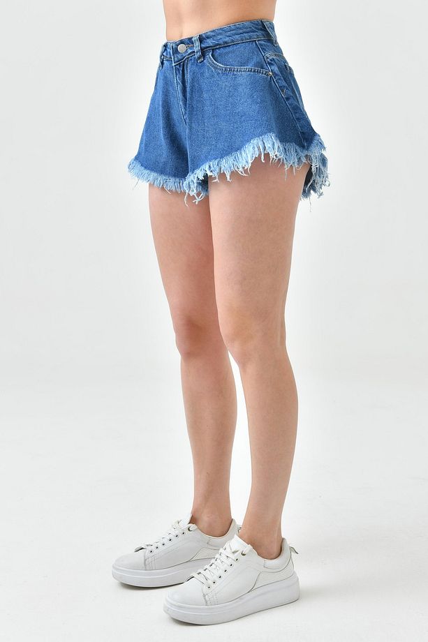 Paça Ucu Detaylı Yüksek Bel Likrasız Volanlı Kalıp Koyu Mavi Kot Şort Denim Şort 70366 - 2