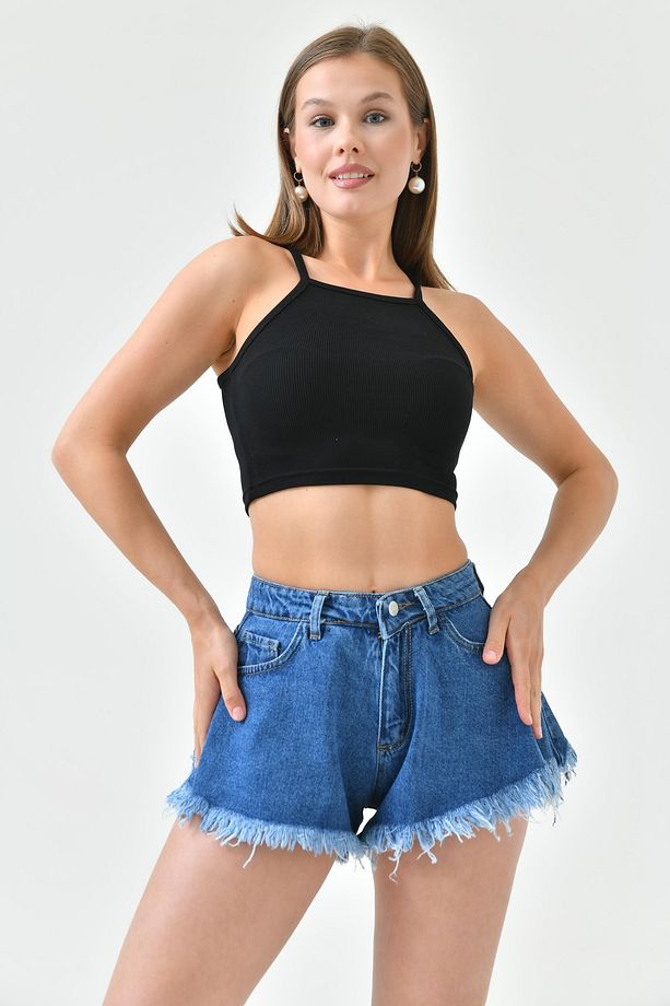 Paça Ucu Detaylı Yüksek Bel Likrasız Volanlı Kalıp Koyu Mavi Kot Şort Denim Şort 70366 - 7