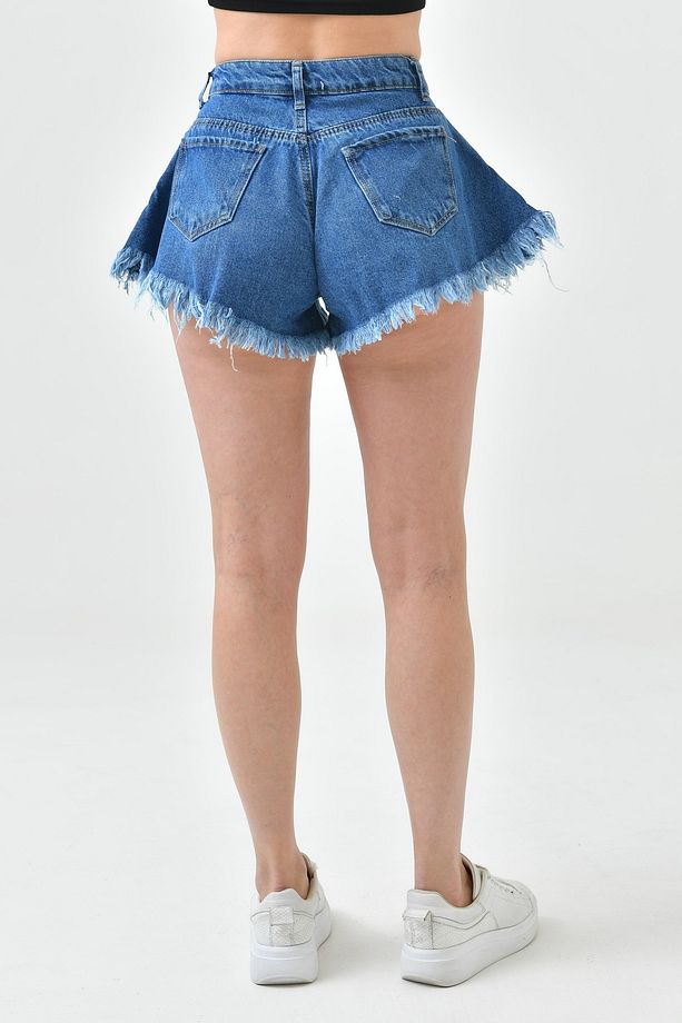 Paça Ucu Detaylı Yüksek Bel Likrasız Volanlı Kalıp Koyu Mavi Kot Şort Denim Şort 70366 - 3