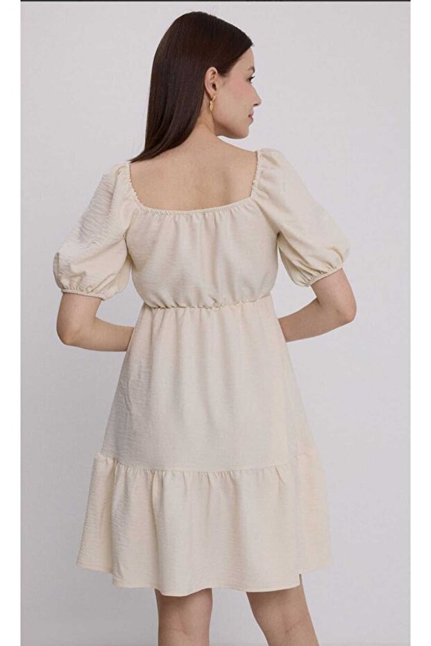 Beige Dress Short Flared Poplin
