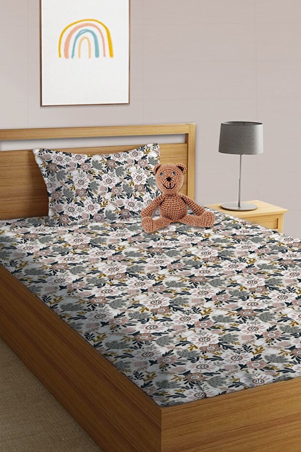 White Single Fitted Sheet Set - Floral Pattern Printed - 1