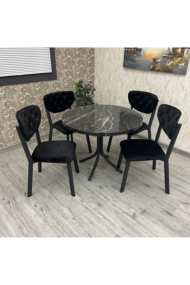Mutfak Masa Sandalye Takımı Mutfak Masası Takımı 4 Kişilik Yuvarlak Masa Takımı Emco Siyah Takım - 3