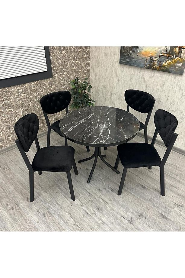 Mutfak Masa Sandalye Takımı Mutfak Masası Takımı 4 Kişilik Yuvarlak Masa Takımı Emco Siyah Takım - 4