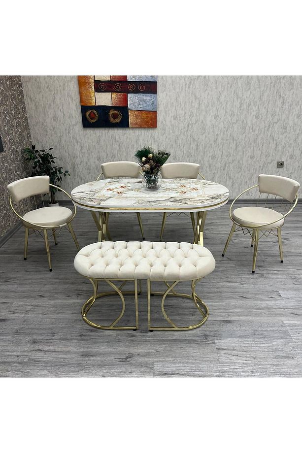 Mutfak Masa Sandalye Takımı Selenit 80-140 Oval Gold 6 Kişilik Benchli Mutfak Masası Takımı - 3